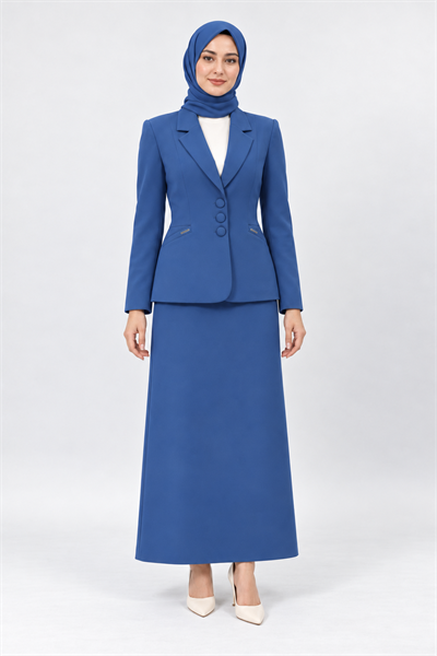 Ceket Yaka Cepli Modern Ceket & Uzun Kalem Etek Kadın Takım Elbise-İndigo - 1177553