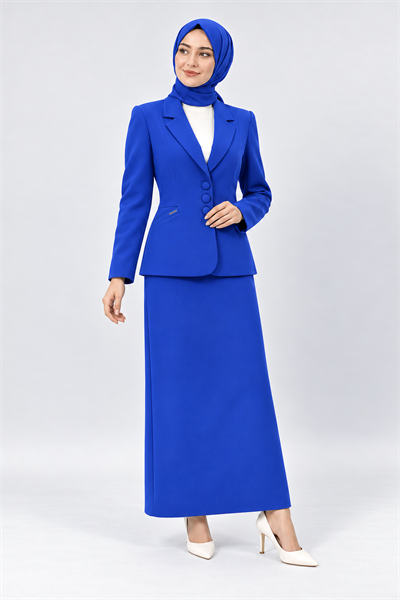 Ceket Yaka Cepli Modern Ceket & Uzun Kalem Etek Kadın Takım Elbise-Saks - 1177553