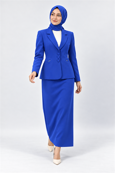 Ceket Yaka Cepli Modern Ceket & Uzun Kalem Etek Kadın Takım Elbise-Saks - 1177553