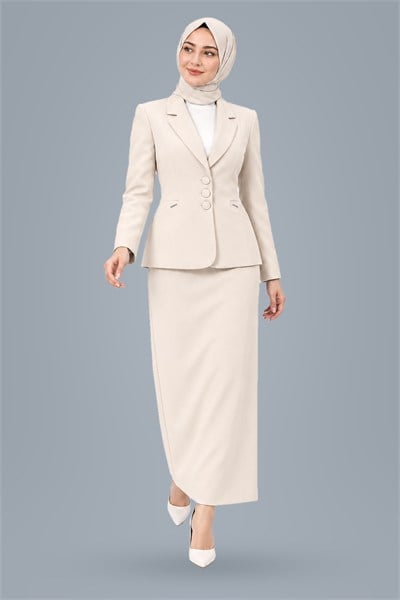 Ceket Yaka Cepli Modern Ceket & Uzun Kalem Etek Kadın Takım Elbise-Bej - 1177553