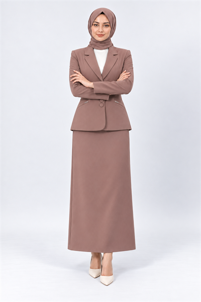 Ceket Yaka Cepli Modern Ceket & Uzun Kalem Etek Kadın Takım Elbise-Kahve - 1177553