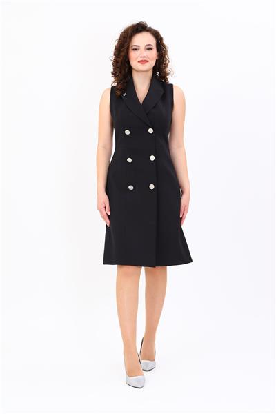 Ceket Yaka Sıfır Kol Kruvaze Kadın Elbise-Siyah