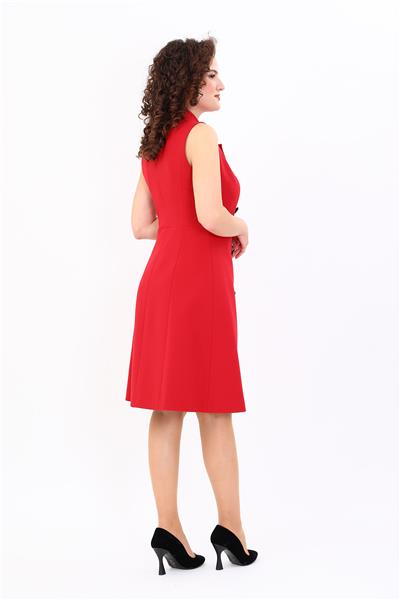 Ceket Yaka Sıfır Kol Kruvaze Kadın Elbise-Kırmızı