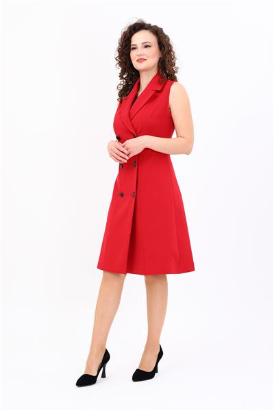 Ceket Yaka Sıfır Kol Kruvaze Kadın Elbise-Kırmızı