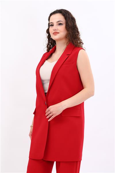 Ceket Yaka Tek Düğmeli Uzun Tesettür Kadın Yelek-Kırmızı
