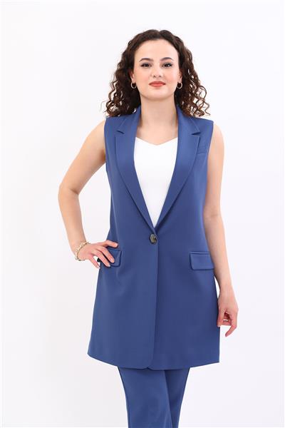 Ceket Yaka Tek Düğmeli Uzun Tesettür Kadın Yelek-İndigo