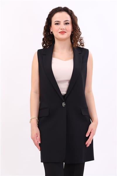 Ceket Yaka Tek Düğmeli Uzun Tesettür Kadın Yelek-Siyah