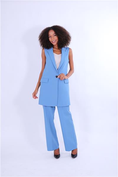 Ceket Yaka Tek Düğmeli Uzun Tesettür Yelek & Lastikli Bol Paça Pantolon Kadın Takım Elbise-Gökyüzü
