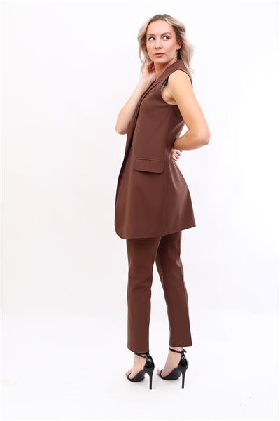 Ceket Yaka Tek Düğmeli Uzun Tesettür Yelek & Lastikli Dar Paça Pantolon Kadın Takım Elbise-Kestane