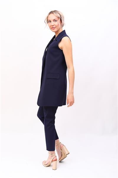 Ceket Yaka Tek Düğmeli Uzun Tesettür Yelek & Lastikli Dar Paça Pantolon Kadın Takım Elbise-Lacivert