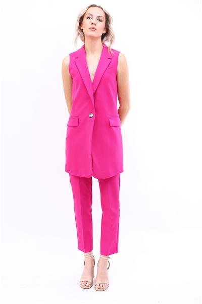 Ceket Yaka Tek Düğmeli Uzun Tesettür Yelek & Lastikli Dar Paça Pantolon Kadın Takım Elbise-Fuşya