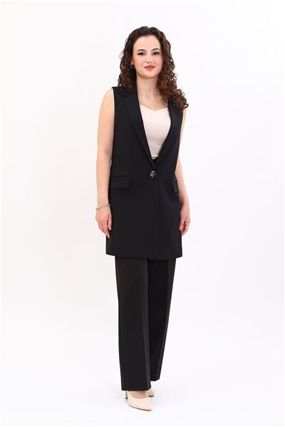 Ceket Yaka Tek Düğmeli Uzun Tesettür Yelek & Lastikli Bol Paça Pantolon Kadın Takım Elbise-Siyah