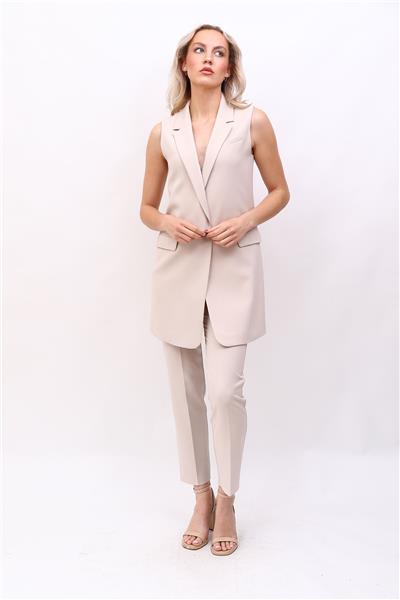 Ceket Yaka Tek Düğmeli Uzun Tesettür Yelek & Lastikli Dar Paça Pantolon Kadın Takım Elbise-Bej