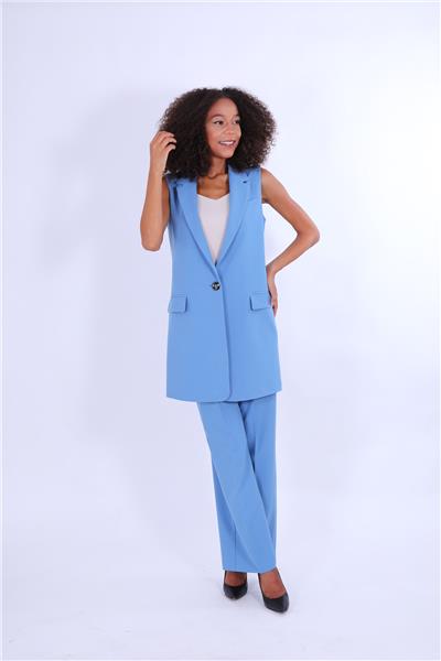 Ceket Yaka Tek Düğmeli Uzun Tesettür Yelek & Lastikli Bol Paça Pantolon Kadın Takım Elbise-Gökyüzü