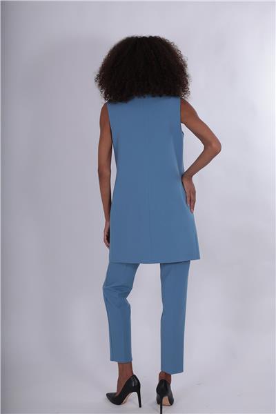 Ceket Yaka Tek Düğmeli Uzun Tesettür Yelek & Lastikli Dar Paça Pantolon Kadın Takım Elbise-Deniz