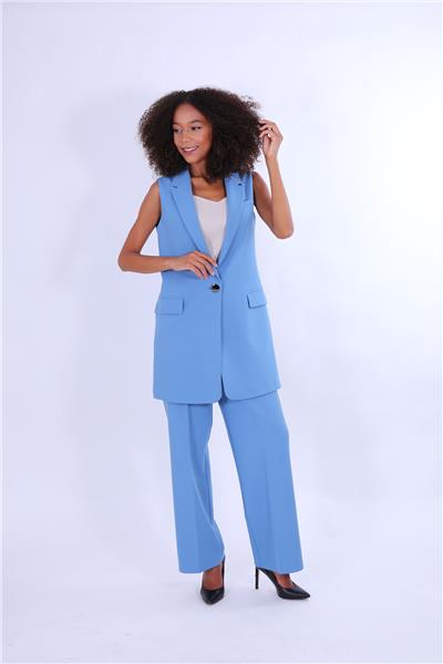 Ceket Yaka Tek Düğmeli Uzun Tesettür Yelek & Lastikli Bol Paça Pantolon Kadın Takım Elbise-Gökyüzü