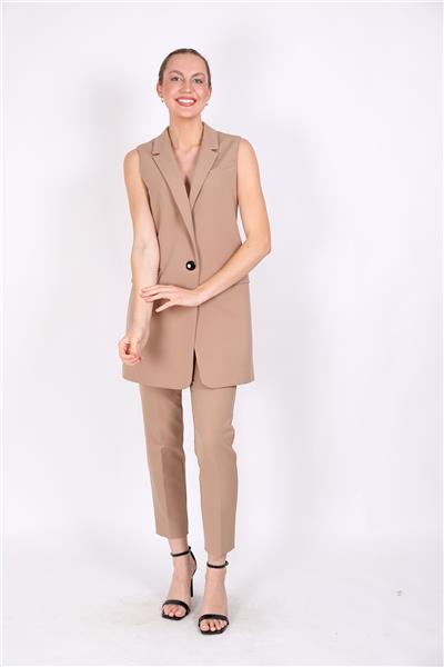 Ceket Yaka Tek Düğmeli Uzun Tesettür Yelek & Lastikli Dar Paça Pantolon Kadın Takım Elbise-Taş