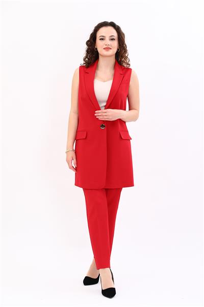 Ceket Yaka Tek Düğmeli Uzun Tesettür Yelek & Lastikli Dar Paça Pantolon Kadın Takım Elbise-Kırmızı