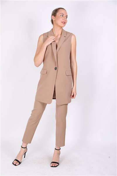 Ceket Yaka Tek Düğmeli Uzun Tesettür Yelek & Lastikli Dar Paça Pantolon Kadın Takım Elbise-Taş