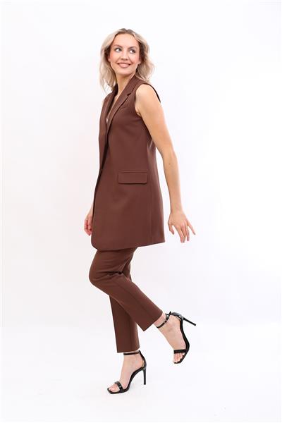 Ceket Yaka Tek Düğmeli Uzun Tesettür Yelek & Lastikli Dar Paça Pantolon Kadın Takım Elbise-Kestane