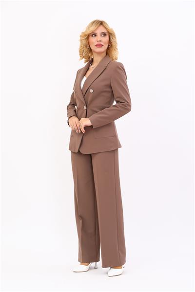 Cepli Şık Blazer Ceket &  Bol Paça Pantolon Kadın Takım Elbise-Kahve