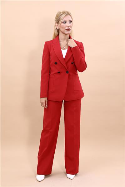 Cepli Şık Blazer Ceket &  Bol Paça Pantolon Kadın Takım Elbise-Kırmızı