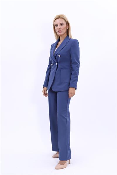 Cepli Şık Blazer Ceket &  Bol Paça Pantolon Kadın Takım Elbise-İndigo
