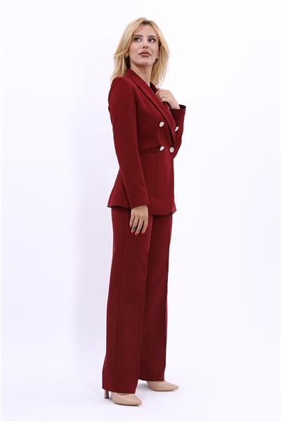 Cepli Şık Blazer Ceket &  Bol Paça Pantolon Kadın Takım Elbise-Bordo