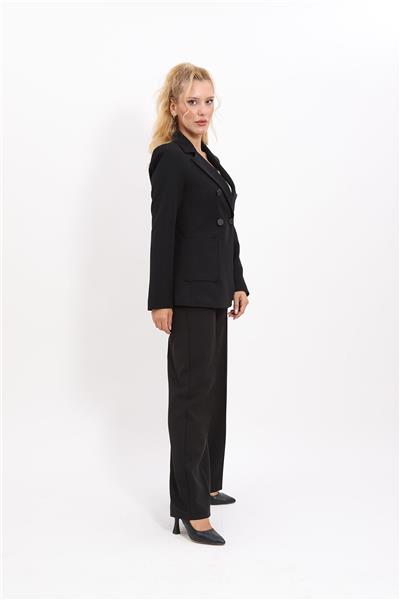 Cepli Şık Blazer Ceket &  Bol Paça Pantolon Kadın Takım Elbise-Siyah