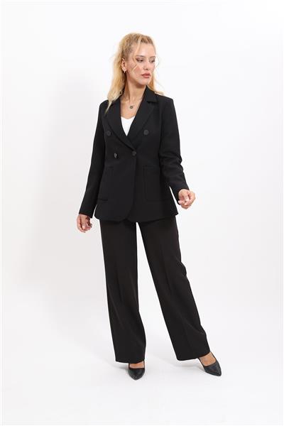 Cepli Şık Blazer Ceket &  Bol Paça Pantolon Kadın Takım Elbise-Siyah