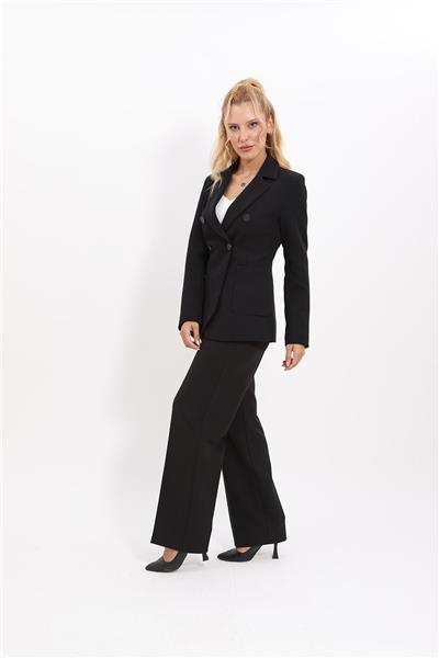 Cepli Şık Blazer Ceket &  Bol Paça Pantolon Kadın Takım Elbise-Siyah