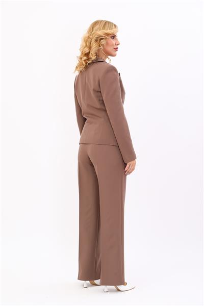 Cepli Şık Blazer Ceket &  Bol Paça Pantolon Kadın Takım Elbise-Kahve