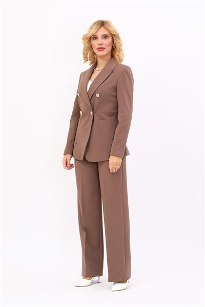 Cepli Şık Blazer Ceket &  Bol Paça Pantolon Kadın Takım Elbise-Kahve