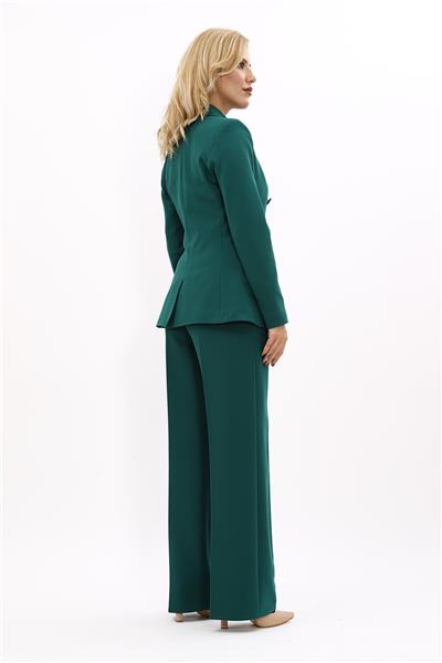 Cepli Şık Blazer Ceket &  Bol Paça Pantolon Kadın Takım Elbise-Zümrüt
