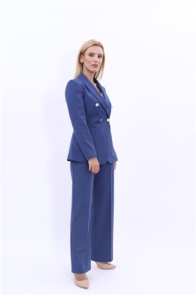 Cepli Şık Blazer Ceket &  Bol Paça Pantolon Kadın Takım Elbise-İndigo