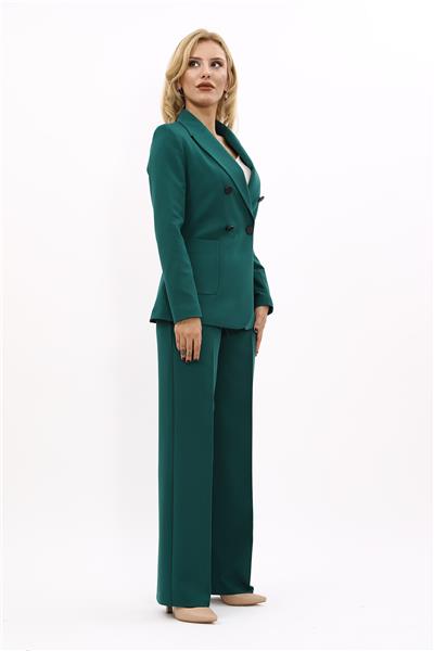 Cepli Şık Blazer Ceket &  Bol Paça Pantolon Kadın Takım Elbise-Zümrüt