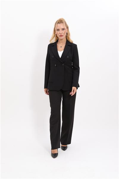 Cepli Şık Blazer Ceket &  Bol Paça Pantolon Kadın Takım Elbise-Siyah