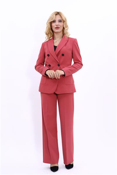 Cepli Şık Blazer Ceket &  Bol Paça Pantolon Kadın Takım Elbise-Kiremit