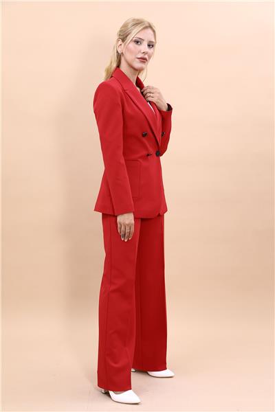 Cepli Şık Blazer Ceket &  Bol Paça Pantolon Kadın Takım Elbise-Kırmızı