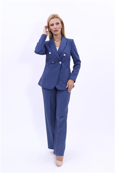 Cepli Şık Blazer Ceket &  Bol Paça Pantolon Kadın Takım Elbise-İndigo