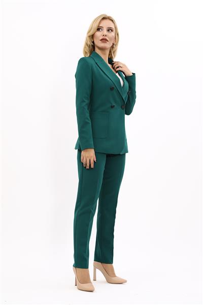 Cepli Şık Blazer Ceket & Dar Paça Pantolon Kadın Takım Elbise-Zümrüt