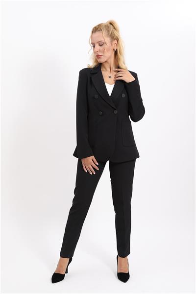 Cepli Şık Blazer Ceket & Dar Paça Pantolon Kadın Takım Elbise-Siyah