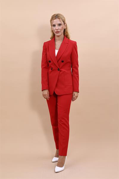 Cepli Şık Blazer Ceket & Dar Paça Pantolon Kadın Takım Elbise-Kırmızı