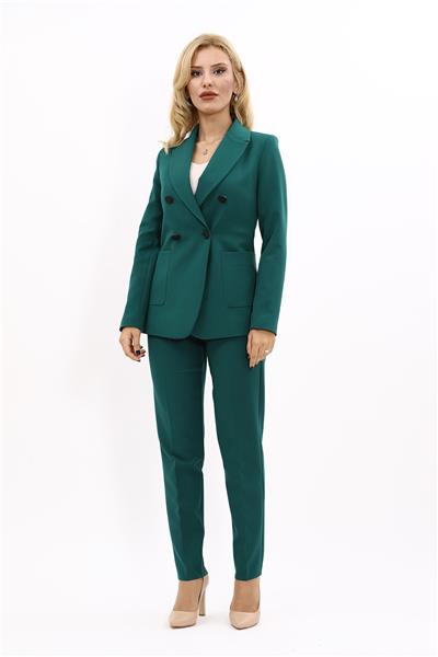 Cepli Şık Blazer Ceket & Dar Paça Pantolon Kadın Takım Elbise-Zümrüt