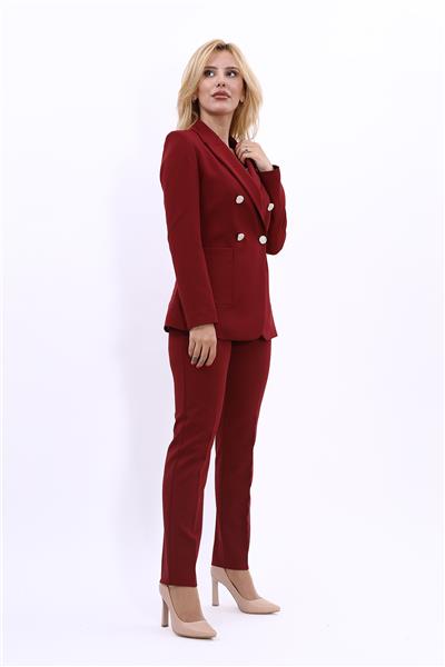 Cepli Şık Blazer Ceket & Dar Paça Pantolon Kadın Takım Elbise-Bordo