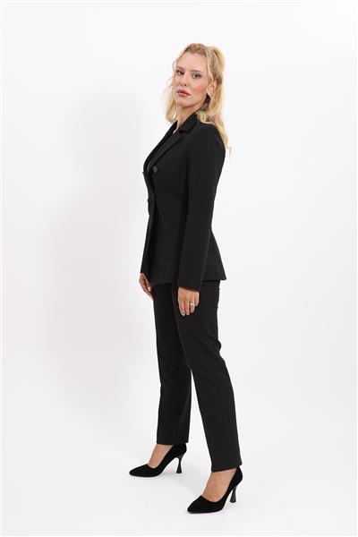 Cepli Şık Blazer Ceket & Dar Paça Pantolon Kadın Takım Elbise-Siyah