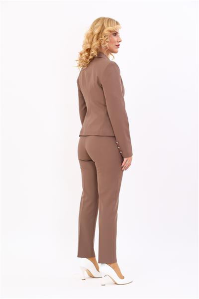 Cepli Şık Blazer Ceket & Dar Paça Pantolon Kadın Takım Elbise-Kahve