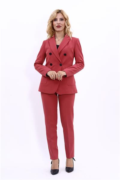 Cepli Şık Blazer Ceket & Dar Paça Pantolon Kadın Takım Elbise-Kiremit