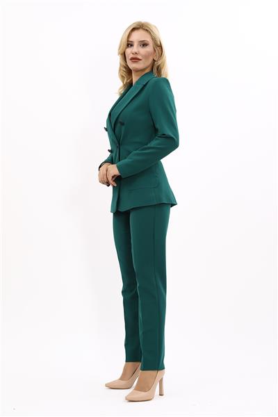 Cepli Şık Blazer Ceket & Dar Paça Pantolon Kadın Takım Elbise-Zümrüt
