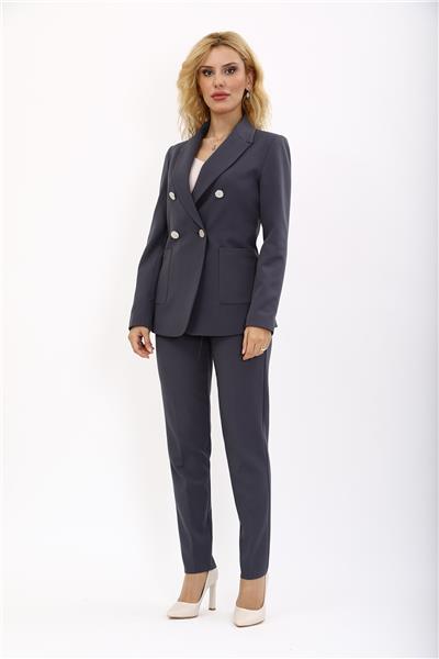Cepli Şık Blazer Ceket & Dar Paça Pantolon Kadın Takım Elbise-Füme